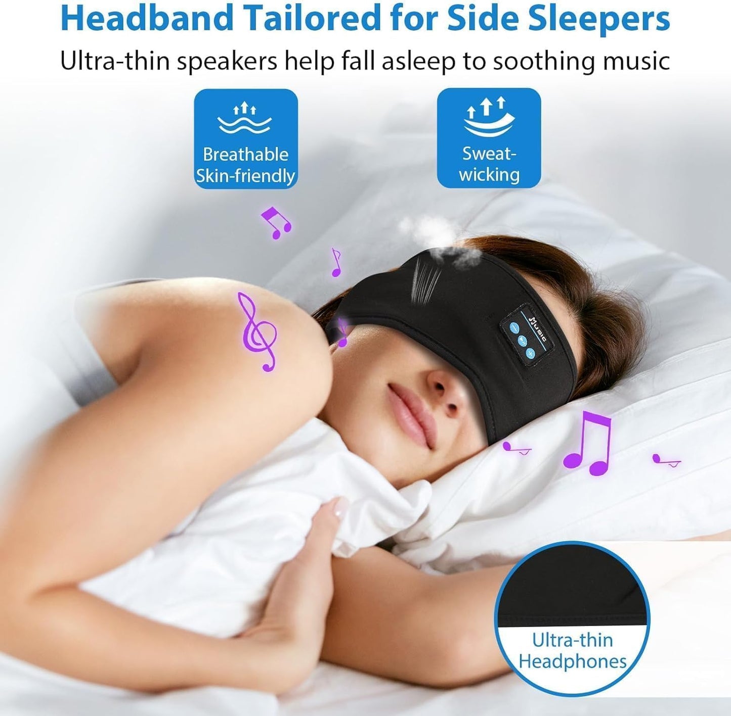 2-Pack Sleeping Headphones, Ultra-Thin Headband Headphones for Side Sleepers, Adjustable Bluetooth Headband for Yoga, Running, Workout & Travel