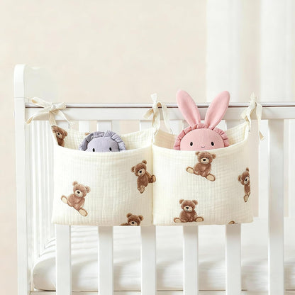 Baby Bedside Hanging Storage Bag Muslin Cotton Teddy Bear, Crib Diaper Caddy Organizer 2 Pockets, Nappy-Dormitory Nursery Organization Holder for Cribs, Playard or Wall Milk Bottle Bib Organizing
