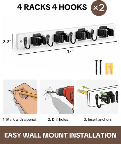 Lorbro 2 Pack Broom Holder Wall Mount, Wooden Rack with 4 Slot & 4 Hook | Broom and Mop Organizer Wall Hanging, Tool Organizer for Laundry Room, Closet, Garage, Kitchen