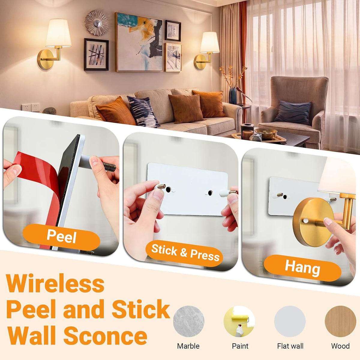 Nekhung Battery Operated Wall Sconce, Peel and Stick Sconces Set of 2
