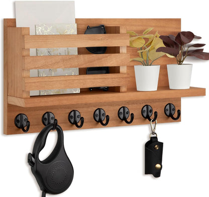 Lwenki Key Holder for Wall – Decorative Wooden Mail Holder and Key Shelf with Mounting Hardware, Installation Guide – Paulownia Wood with Metal Key Hooks (Black, Large - 11.8inch)
