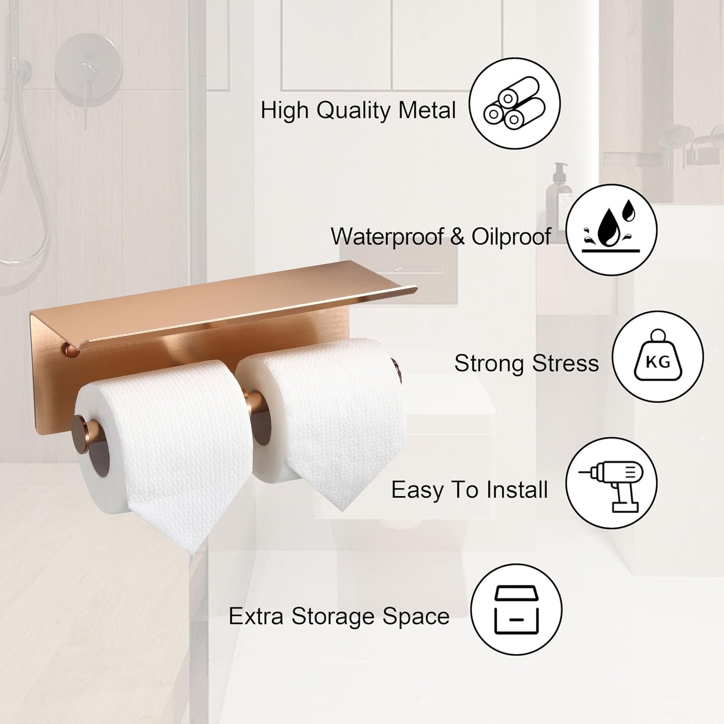 Black Toilet Paper Roll Holder with Shelf Wall Mounted for Bathroom (Black, Double Head)