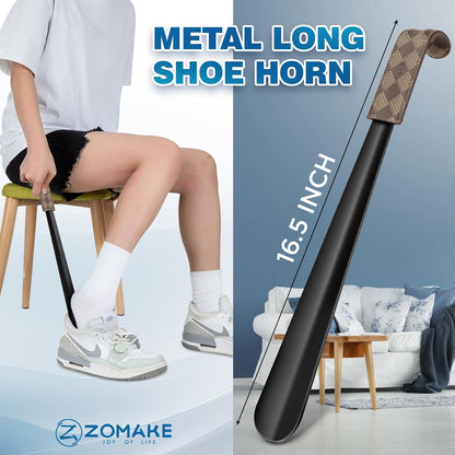 ZOMAKE Shoe Horn Long Handle for Seniors Men Women,Metal Long Shoehorn for Boots,16.5" Shoe Spoon Helper(Brown Handle) | 1Pack Stainless Steel Boot Horn Shoe Spoon Helper, Smooth Edges, Comfort Grip, No Bending Over, Shoe Protection(Brown Handle)