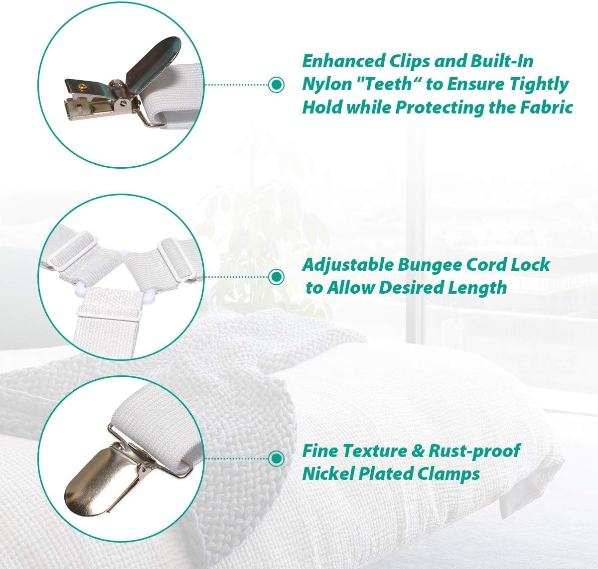 RayTour Bed Sheet Holder Straps 4 Pack - Elastic Sheet Keepers for Fitted Sheets | Four adjustable three-clip holders secure one fitted sheet; wide elastic straps help keep all four mattress corners in place.