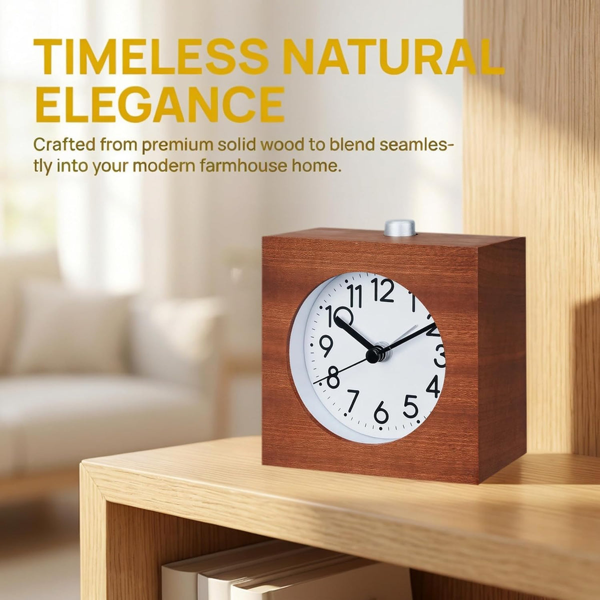Wooden Analog Alarm Clock Silent Battery Operated with Night Light