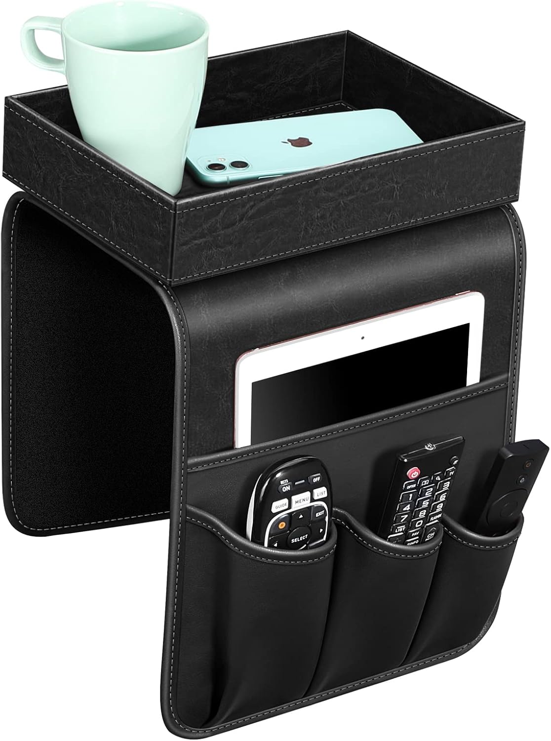 SITHON Sofa Remote Control Holder with Detachable Tray [Non Slip] | PU Leather Chair Couch Armrest Organizer Caddy with 5 Pockets for Magazines Phone iPad Remote Game Controller Eyeglasses