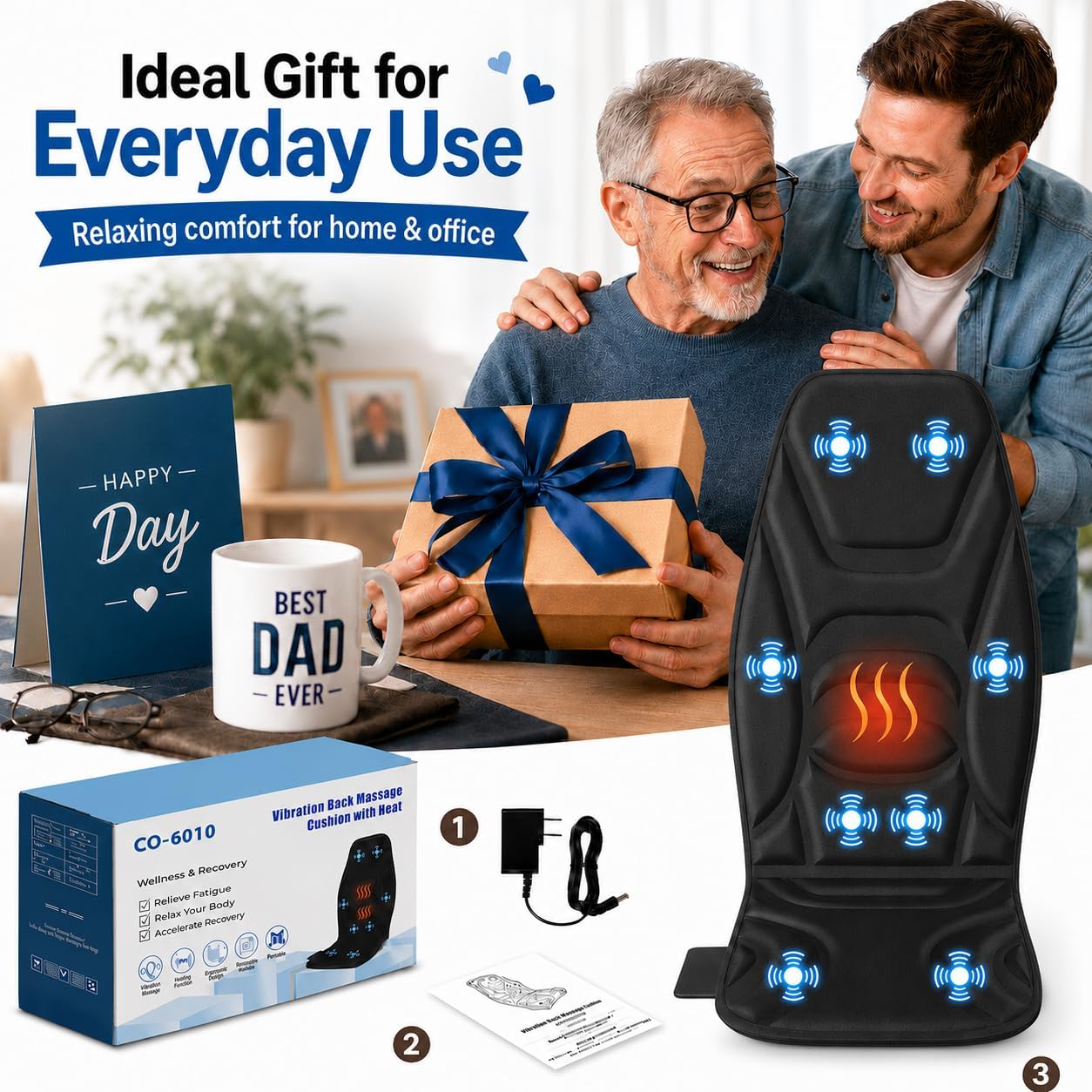 Vibration Massage Seat Cushion with Heat, Back Massager for Chair with 8 Vibration Motors, Heated Massage Cushion for Office Chair, Recliner & Sofa, Full Back & Seat Comfort, Idea Gift for Dad
