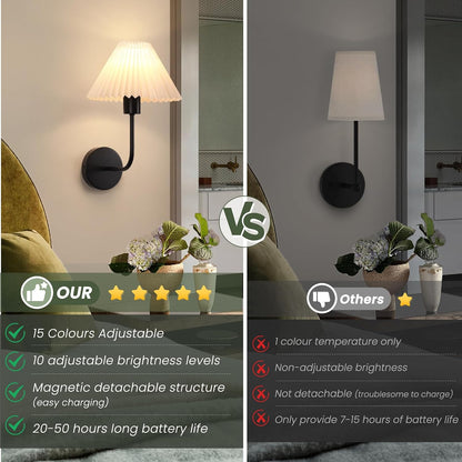 Rechargeable Battery Operated Wall Sconce Sets of 2, 15 Colors Wireless gooseneck Black Wall Lights Fixture with Dimmable Bulbs and Remote, Not Hardwired Wall Mounted Lamps for Bedroom Living Room