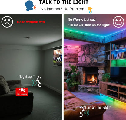 AI Voice Activated Under Bed Lights Strip,Indoor Kids Bedroom Night Lights RGBW, No App/Wifi Required, Dimmable Color Changing Strong Adhesive, Music Sync USB Powered 16.4ft for Kitchen Cabinet