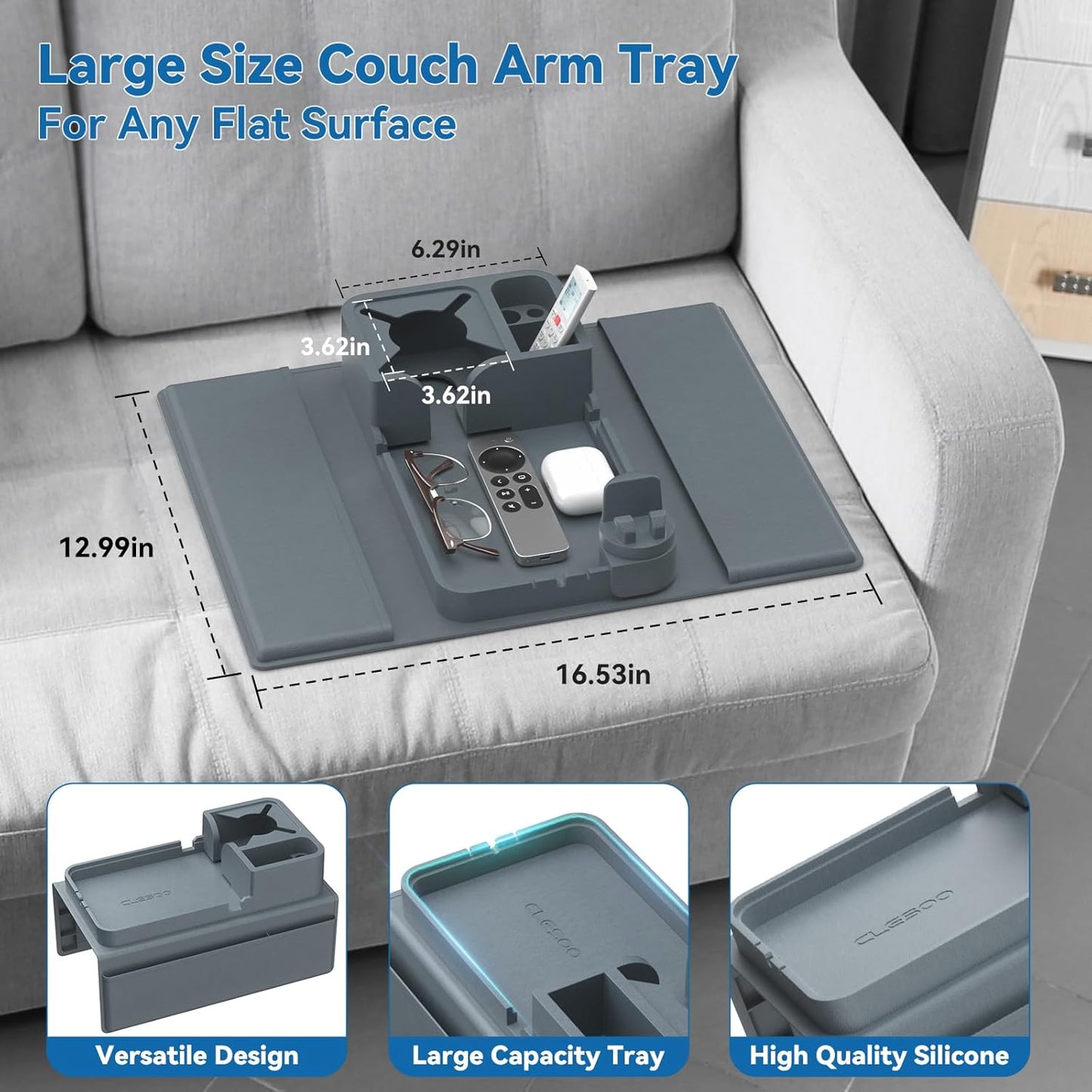 Couch Arm Cup Holder CLESOO Couch Arm Tray Anti-Slip Couch Cup Holder Silicone Sofa Armrest Tray Dual Side Pocket Couch Drink Holder Sofa Caddy Arm Remote Holder Snack Caddy with Phone Holder Blue