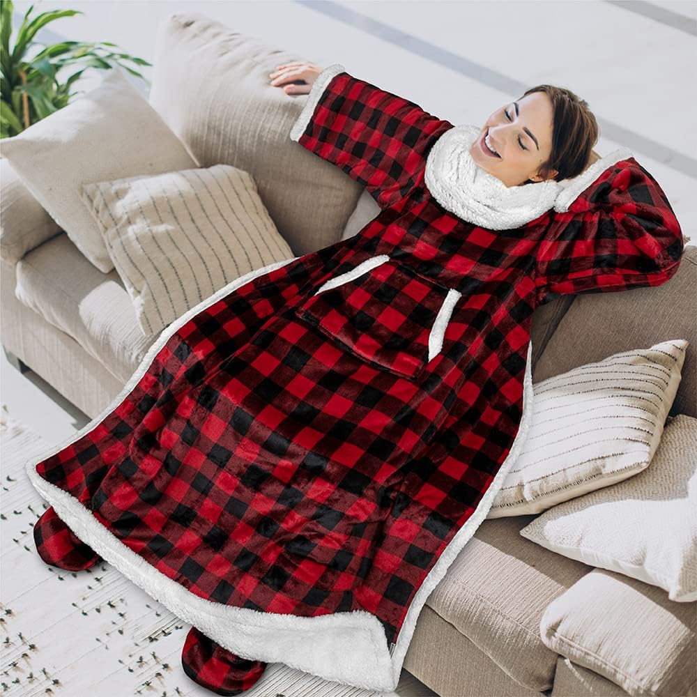 PAVILIA Fleece Blanket with Sleeves, Foot Pockets for Women Men Adults, Plush Wearable Blanket Throw Wrap, Warm Snuggle Blanket Robe, Cozy Gift Ideas Wife Mom, Dark Purple