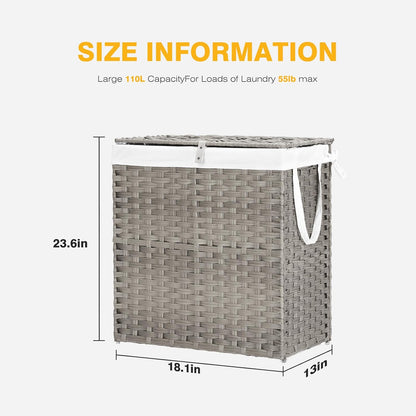 NEWBULIG Laundry Hamper Sorter with Wheels, Rolling Laundry Basket with Shelf & Removable Pull-Out Bag, Dirty Clothes Hamper for Room Organizer, 3 x 10.6 Gal (120L) - Rustic Brown and Black