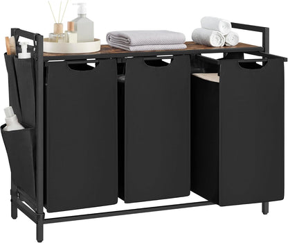 VASAGLE Laundry Hamper, Laundry Basket Sorter with 3 Pull-Out and Removable Bags, Shelf, Metal Frame, 3 x 10.6 Gallons (40 L), 36.4 x 13 x 28.4 Inches, Cappuccino Beige and Natural Beige UBLH301LH01