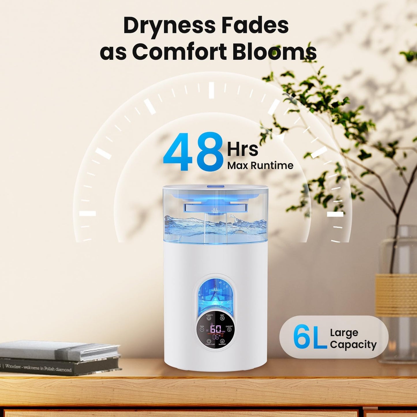 Humidifiers for Bedroom Large Room -GloryAir 6L Cool & Warm Mist Humidifier | Top Fill Design, Smart Humidity Control, Remote, 7-Color Light, Whisper-Quiet, Essential Oil Diffuser for Home & Plants,White