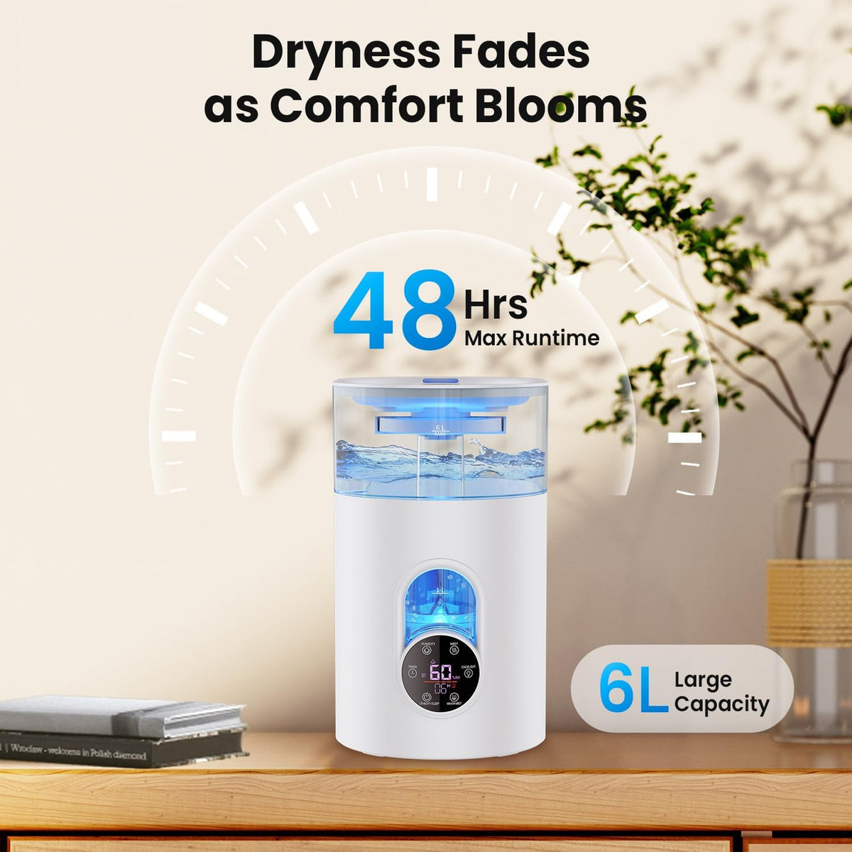 Humidifiers for Bedroom Large Room -GloryAir 6L Cool & Warm Mist Humidifier