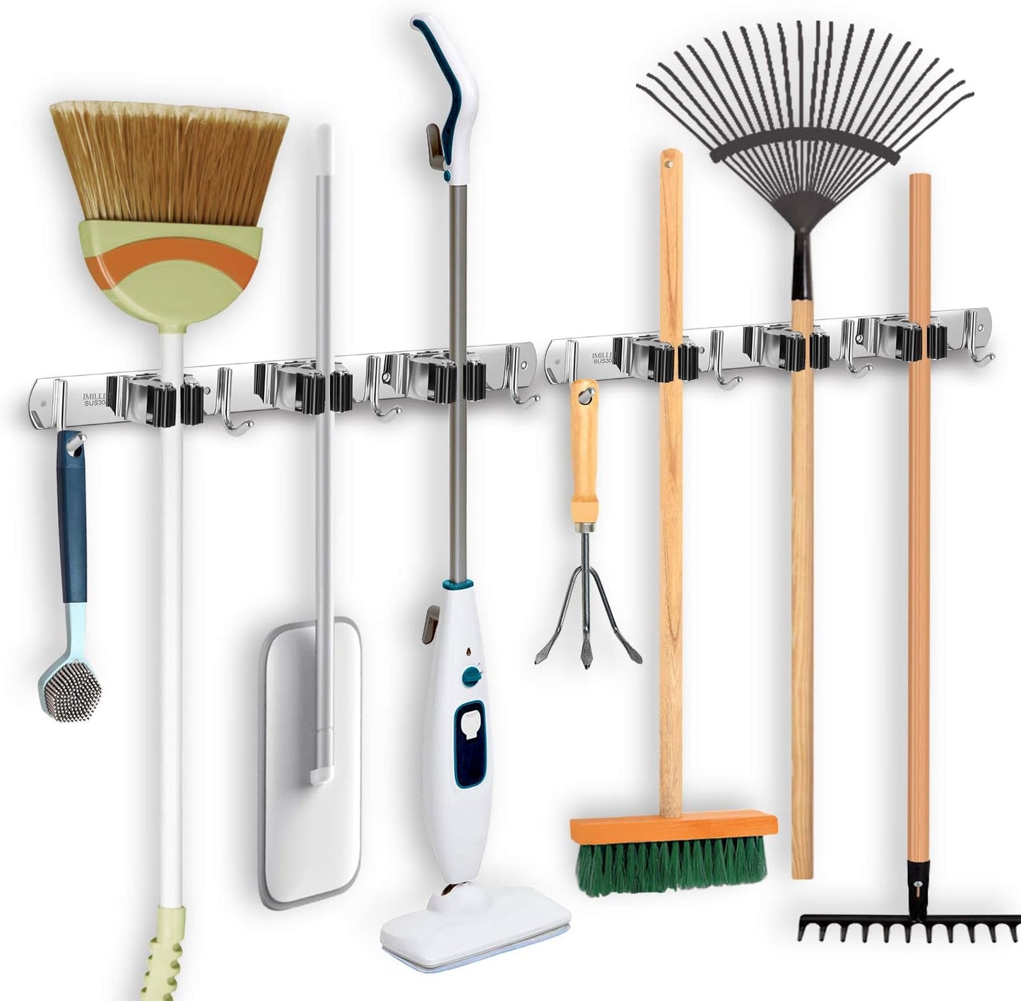 IMILLET 2 Pack Broom Holder Wall Mount Stainless Steel Mop Organizer | 5 Racks 4 Hooks Heavy Duty Garage Organization Storage,Broom and Mop Organizer Wall Hanging Self Adhesive for Laundry Room