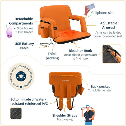 Heated Reclining Stadium Seat for Bleachers – Wide Bleacher Chair with Back Support and Cushion, Armrests, Side Pockets, & Hook – Stadium Seats Chairs for Camping, Kayak, Paddle Board & More