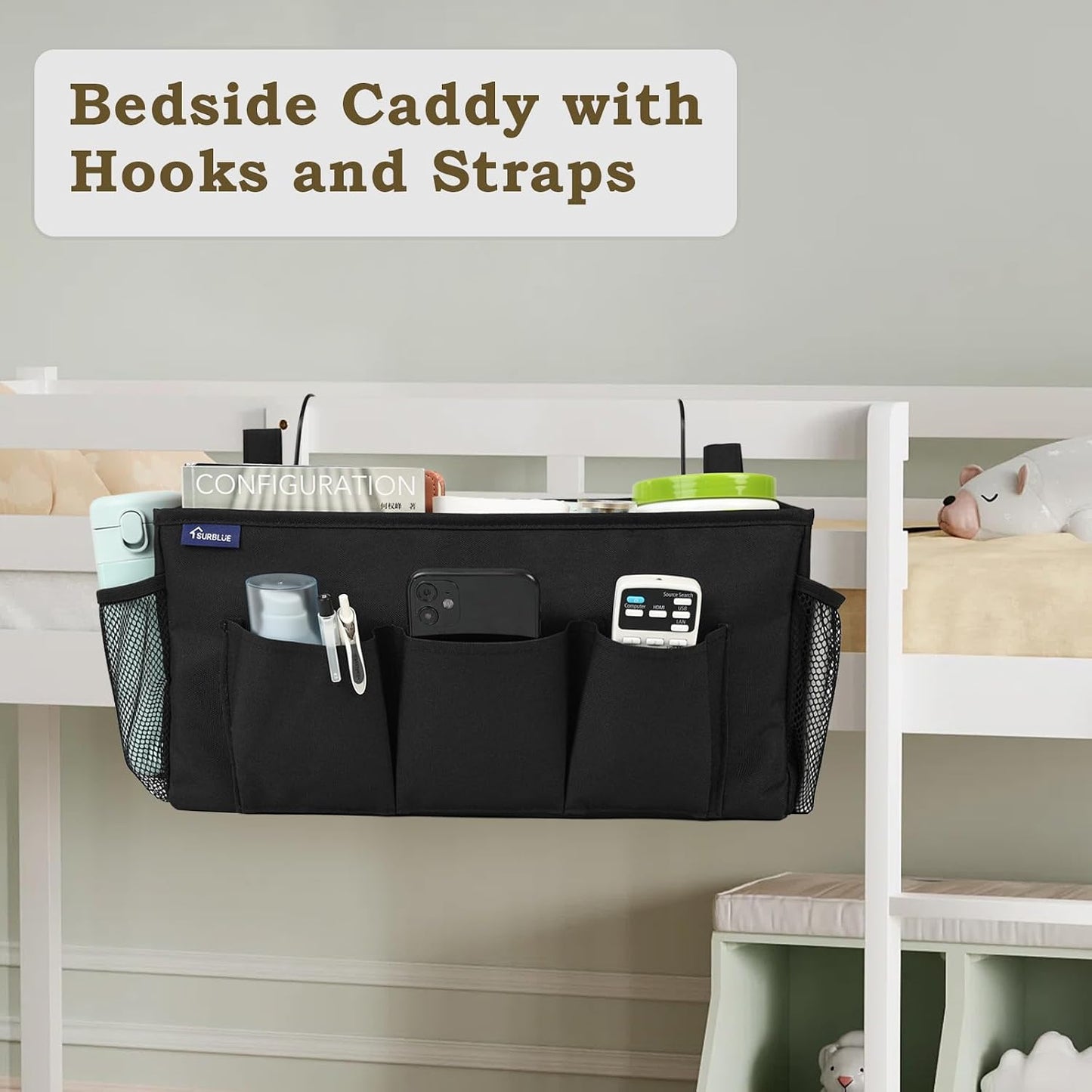 Surblue Bedside Organizer with Hook Bedside Caddy Hanging Storage Bag with Adjustable Straps and Water Bottle Holder for Home College Dorm Bunk Bed Accessories, Crib Bed Rails, Hospital Bed, Black