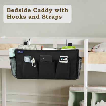 Surblue Bedside Organizer with Hook Bedside Caddy Hanging Storage Bag with Adjustable Straps and Water Bottle Holder for Home College Dorm Bunk Bed Accessories, Crib Bed Rails, Hospital Bed, Black