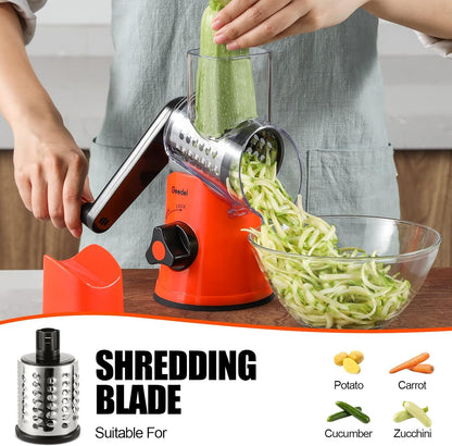 Geedel Rotary Cheese Grater, Kitchen Mandoline Vegetable Slicer with 3 Interchangeable Blades, Easy to Clean Rotary Grater Slicer for Fruit, Vegetables, Nuts | 3 Blades, 430 Stainless Steel, 12x Fast Cutting, Strong Suction Base, No BPA, Dishwasher Safe,