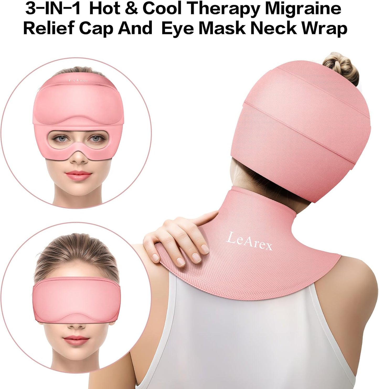 3 in 1 Migraine Relief Cap Neck Ice Pack Wrap Gel and Ice Eye Masks, Detachable Ice Caps with Eyes Masks, Hot and Cold Therapy for Relief of Headaches, Stiff Neck and Eye Fatigue (Purple)