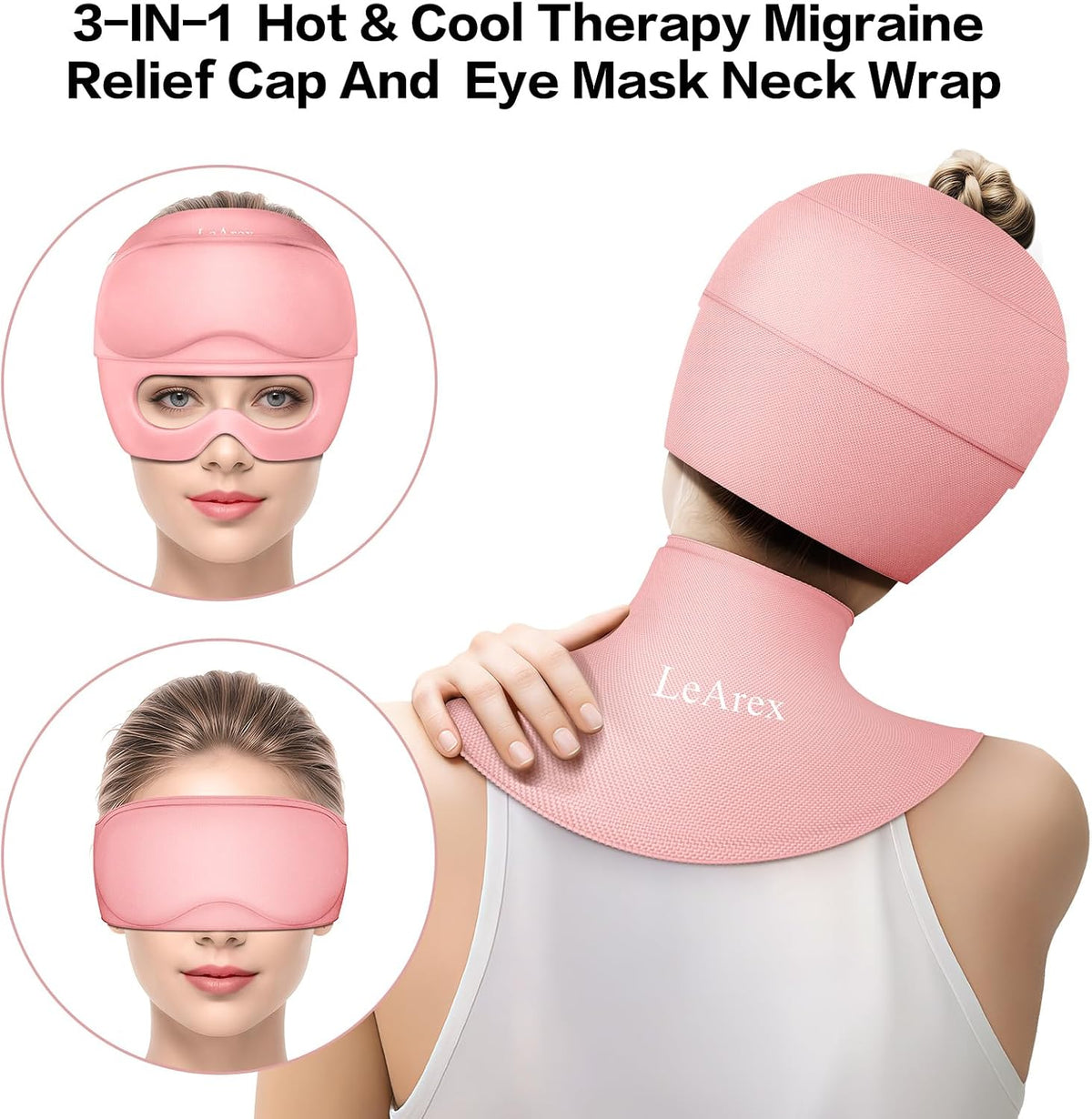 3 in 1 Migraine Relief Cap Neck Ice Pack Wrap Gel and Ice Eye Masks, Detachable Ice Caps with Eyes Masks, Hot and Cold Therapy for Relief of Headaches, Stiff Neck and Eye Fatigue (Purple)