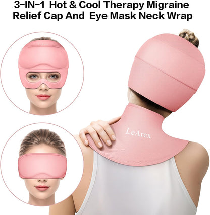 3 in 1 Migraine Relief Cap Neck Ice Pack Wrap Gel and Ice Eye Masks, Detachable Ice Caps with Eyes Masks, Hot and Cold Therapy for Relief of Headaches, Stiff Neck and Eye Fatigue (Purple)