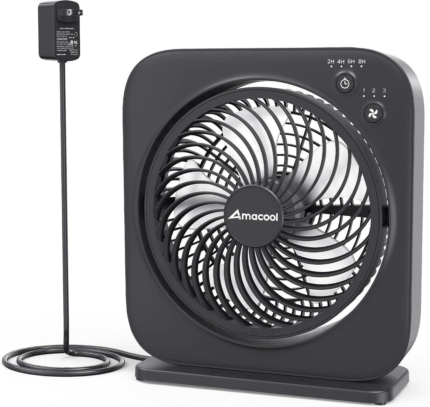 AMACOOL Table Fan, 12 inch Box Fan with 3 Speeds & 8HRS Timer, 270° Pivoting Quiet Air Circulator, Desktop Fan for Bedroom Bathroom Kitchen Office, AC Adapter Included, Co-Branded with Cmyfato-Black
