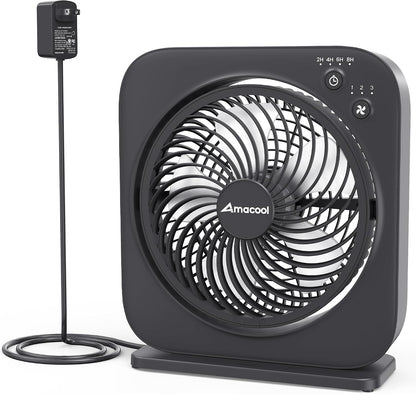 AMACOOL Table Fan, 12 inch Box Fan with 3 Speeds & 8HRS Timer, 270° Pivoting Quiet Air Circulator, Desktop Fan for Bedroom Bathroom Kitchen Office, AC Adapter Included, Co-Branded with Cmyfato-Black
