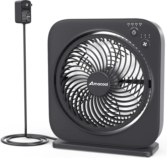 AMACOOL Table Fan, 12 inch Box Fan with 3 Speeds & 8HRS Timer, 270° Pivoting Quiet Air Circulator, Desktop Fan for Bedroom Bathroom Kitchen Office, AC Adapter Included, Co-Branded with Cmyfato-Black