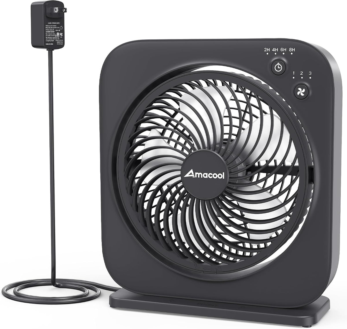 AMACOOL Table Fan, 12 inch Box Fan with 3 Adjustable Speeds & 8HRS Timer, Adjustable Angle Quiet Air Circulator, Desktop Fan for Bedroom Bathroom Kitchen Office, AC Adapter Included-Grey