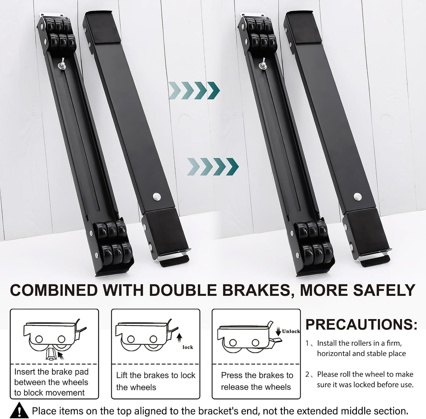 Extendable Furniture Appliances Rollers, Mover Tools for Moving, Black | 24 Roller & Brake Equipment for Heavy Washing Machine Refrigerator for Mobile Wheels Strong Base Stand Hold Up to 660 lb