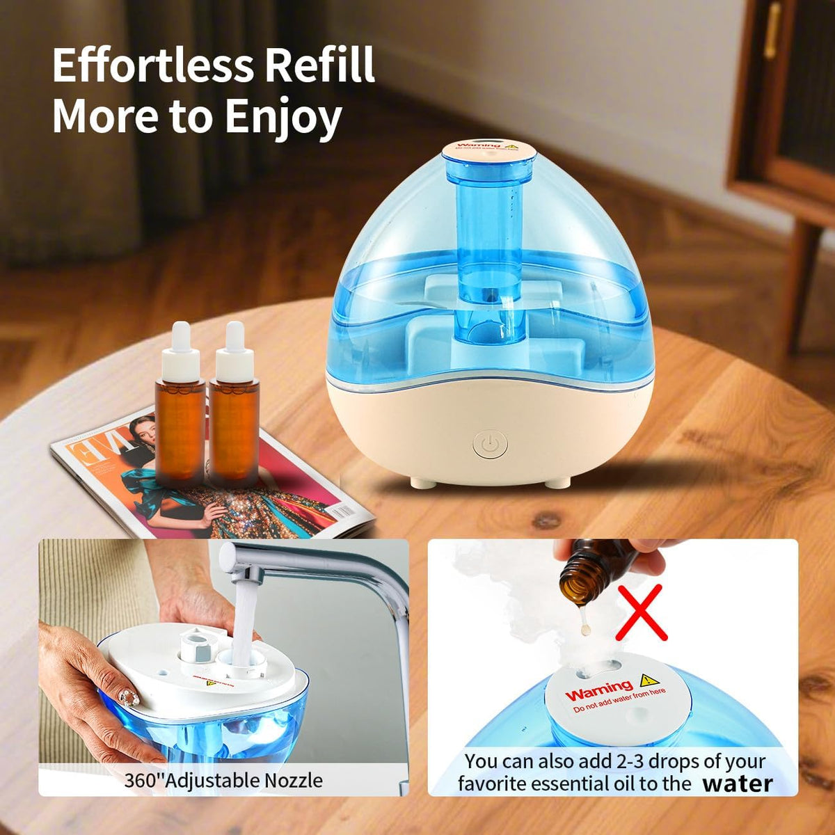 1.5L Cool Mist Humidifier for Bedroom with 360° Adjustable Nozzle, Quiet Ultrasonic Air Humidifier For Babies Nursery, Office, Indoor Plants, Auto-Shut Off,Light-Off,High and Low Mist Levels