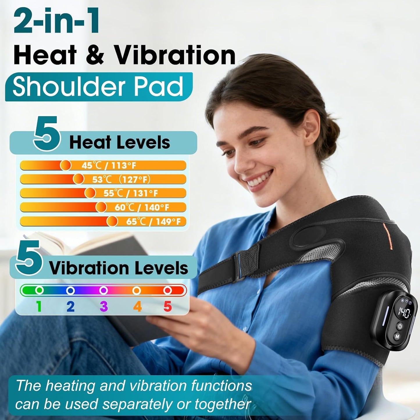 Cordless Shoulder Heating Pad,Heated Shoulder Wrap with Massage | Detachable Magnetic Remote Control Rotator Ruff Massager for Shoulder Pain Relief