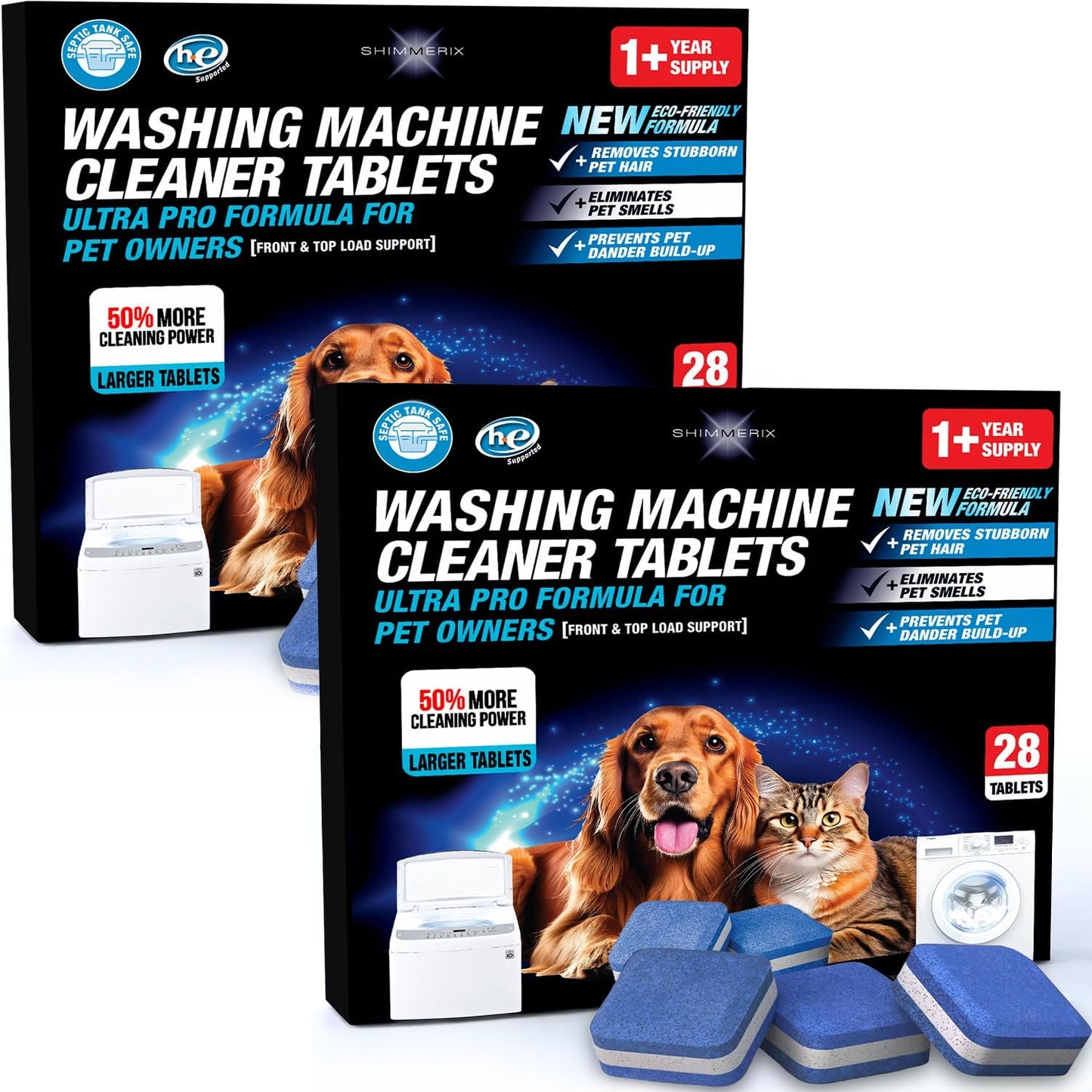 Washing Machine Cleaner Pro Tablets for Pet Owners, 28 Pack, Front/Top Load | Remove Stubborn Pet Hair, Washer Deep Cleaning, Septic Tank Safe, HE Support, Eliminates Pet Smells, Prevents Dander Build-up