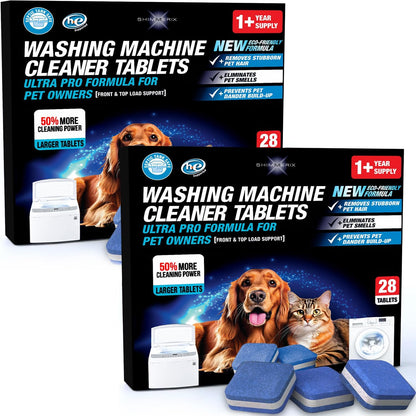 Washing Machine Cleaner Pro Tablets for Pet Owners, 28 Pack, Front/Top Load | Remove Stubborn Pet Hair, Washer Deep Cleaning, Septic Tank Safe, HE Support, Eliminates Pet Smells, Prevents Dander Build-up