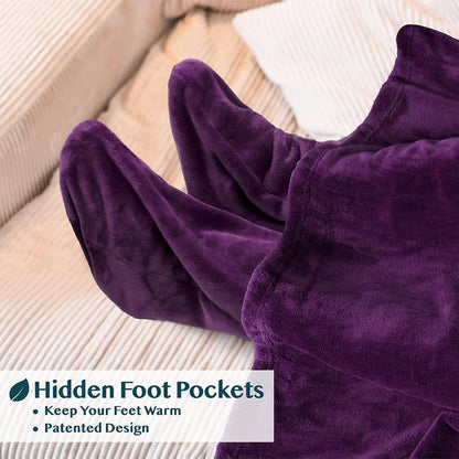 PAVILIA Fleece Blanket with Sleeves and Foot Pockets Women Men, Dark Purple