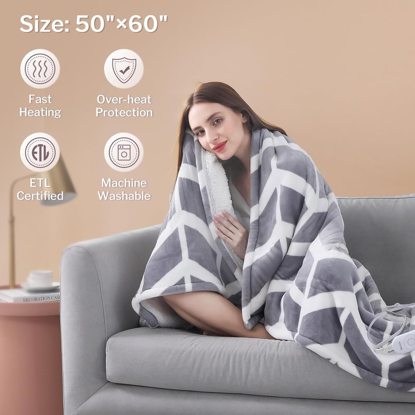 Heated Throw Blanket, 5 Heat Levels & 3 Hours Auto Off, Grey | ETL & FCC, fast warming, 50" x 60", flannel and sherpa, couch office use, machine washable, removable controller
