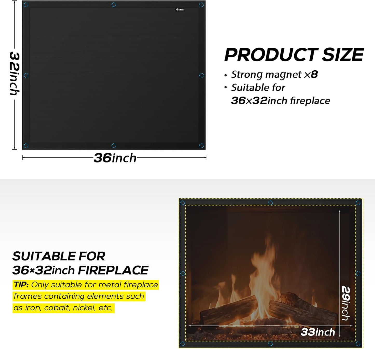 FLASLD Magnet Fireplace Cover Blocker, 36" x 32" Fireplace Blanket Stops Overnight Heat Loss, Fireplace Draft Stopper Save Energy Black