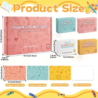 160Pcs Drawing Prompt Card for Creative Inspiration Unique Art Prompts with Characters Actions Places Include 40 Blank Dry Erase Cards Painting Ideas Game for Studio Classroom Artists Teachers Gift