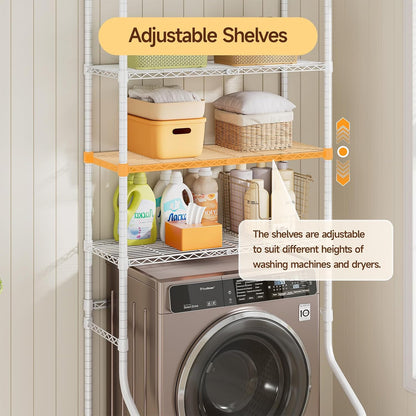 3 Tiers Expandable Over Washer and Dryer Shelves, White | Laundry Room Organization and Storage with Hanger Rod, 4 Hooks, Adjustable Height Metal Freestanding Clothes Drying Rack