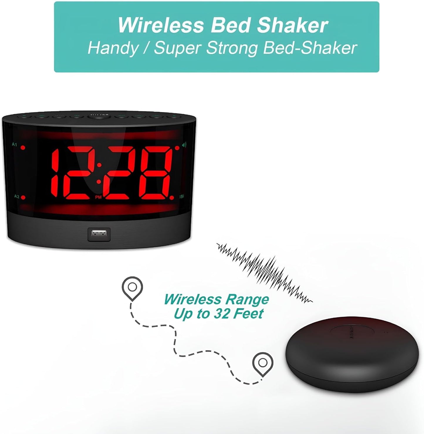 2026 NEW Extra Loud Alarm Clock with Wireless Bed Shaker,Vibrating Dual Alarm Clock for Heavy Sleepers,Deaf and Hearing-impaired,Adjustable Volume/Dimmer/Wake up Mode,USB Charger Port,Pillow Shaker