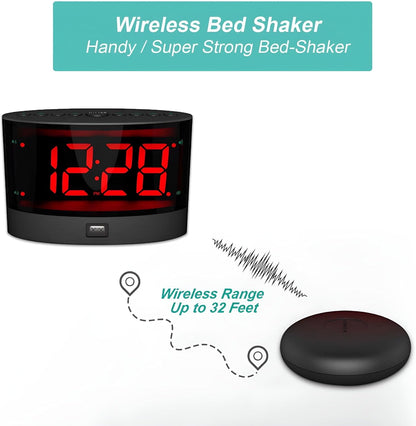 2026 NEW Extra Loud Alarm Clock with Wireless Bed Shaker,Vibrating Dual Alarm Clock for Heavy Sleepers,Deaf and Hearing-impaired,Adjustable Volume/Dimmer/Wake up Mode,USB Charger Port,Pillow Shaker