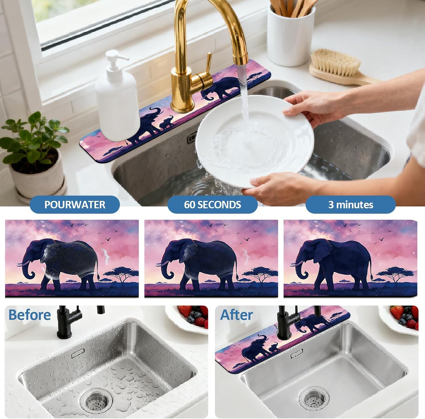 2Pcs Peonies Kitchen Sink Splash Guard Faucet Mat Vintage Florals Faucet Mat For Bathroom Kitchen 5.5x23.6In