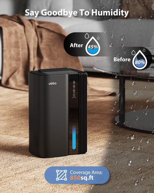UBBO 95oz Dehumidifiers for Home, 1000 Sq.Ft Dehumidifier with Drain Hose - Auto Shut Off, Timer, Sleep Mode & Drain Hose - 7 Color Light for Bedroom, Bathroom, RV - Black