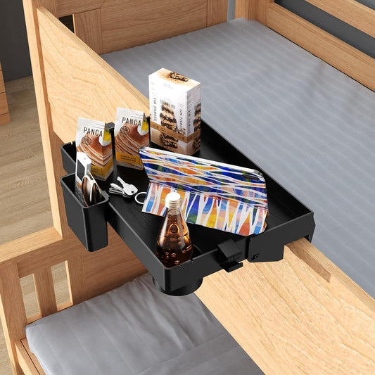 COLMO Folding Clip-On Bedside Shelf with Cup Holder, Black | Foldable Space-Saving, USB Cable Slot, Removable Hanging Cup, Moveable Side Hook, Dorm & Loft Bed Ready
