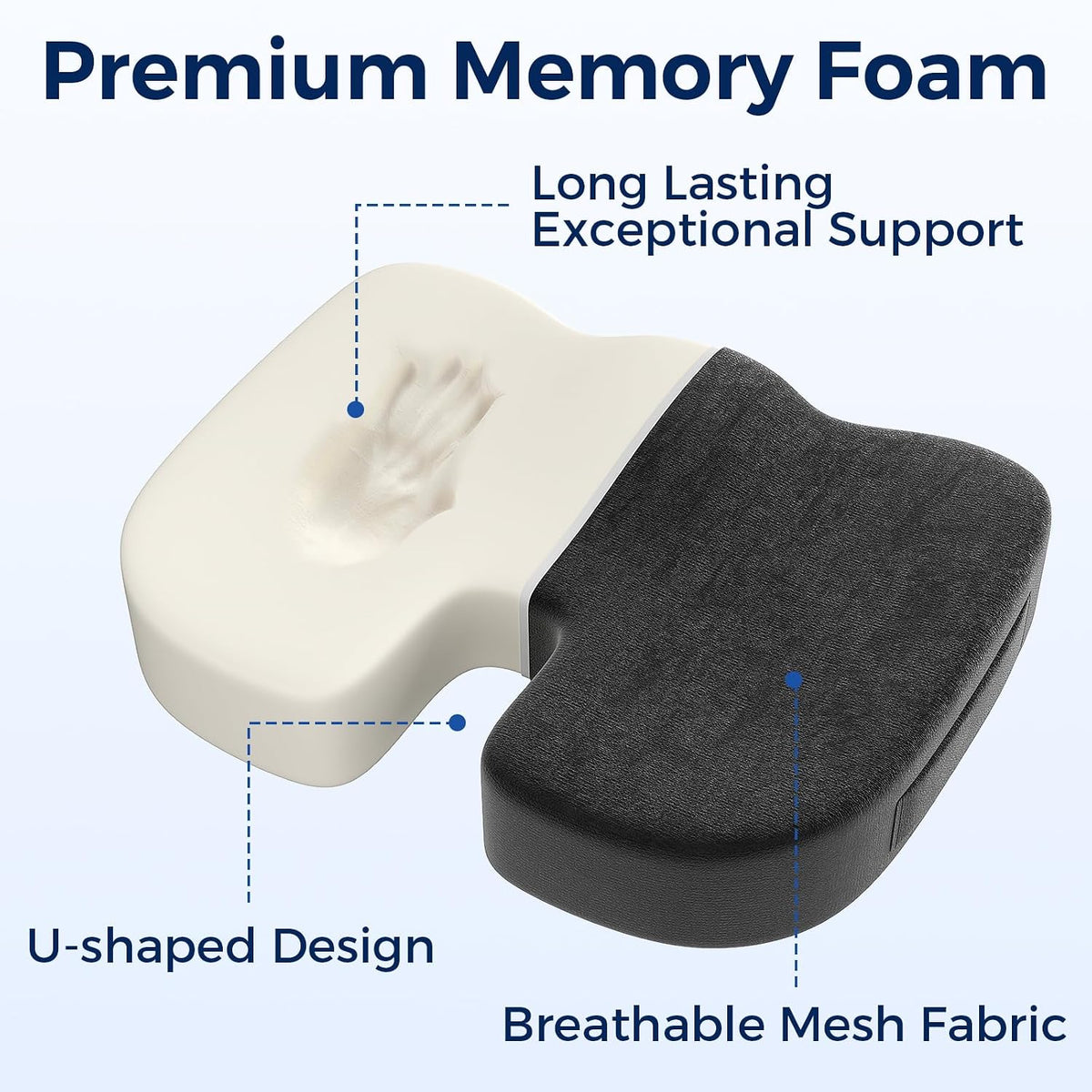 Seat Cushion for Office Chair, Ergonomic Memory Foam Seat Cushion for Long Sitting and Driving, Tailbone Relief Cushion for Office Chairs and Car Seats, Non-Slip Bottom, Washable Cover, Black