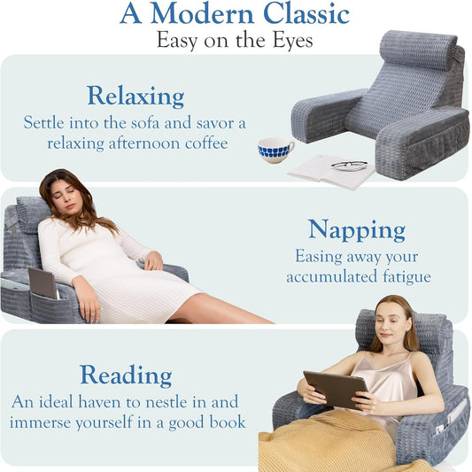 Reading Pillow for Bed Sitting Up with Large Pockets,Modern Style | 19" Supportive Backrest Cushion for Reading,Nursing,Resting,or Reclining,Stable Armrests & Washable Cover – Sage Green