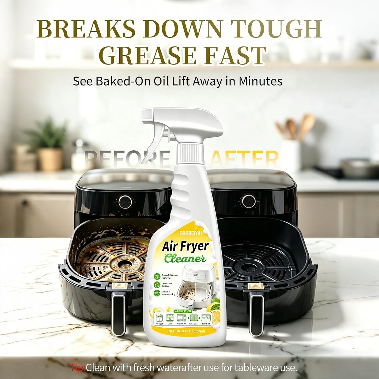 2-in-1 Air Fryer Foaming Cleaner Spray, Lemon Scent, 500ml | Heavy-Duty Degreaser & Grease Remover, Removes Baked-On Food & Oil, Non-Abrasive, Residue-Free