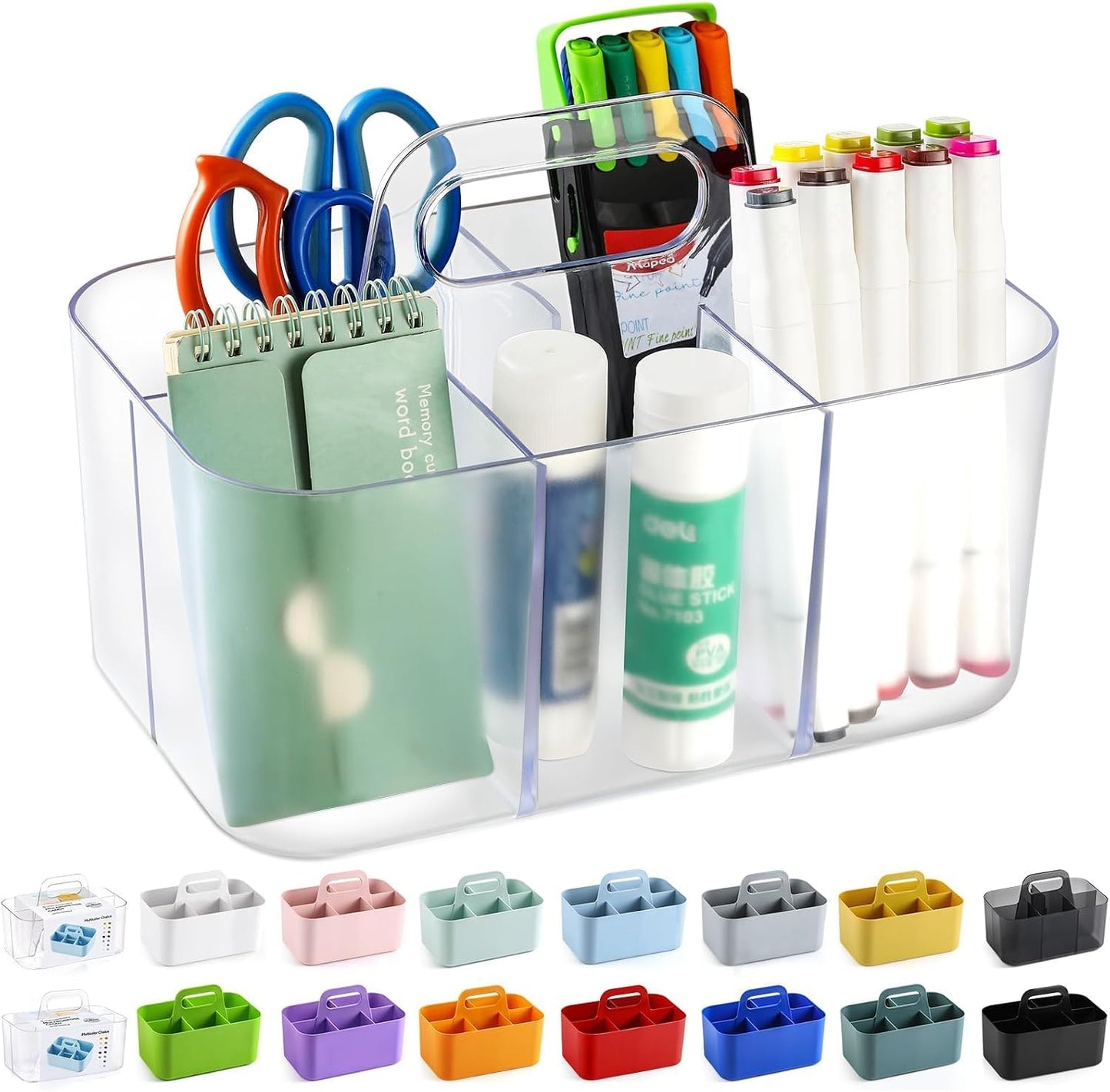 Multiuse Caddy Organizer with Handle, Portable Divided Plastic Tote Bin - Art Craft, Stationary Pen Marker Crayons, Makeup Hair Supplies Storage - Bathroom, Classroom, Dorm, Office, Desk Holder - Grey